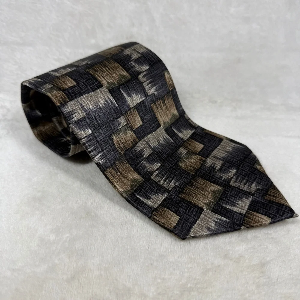 Pierre Cardin Mens Silk Tie Black Brown Grey Geometric Mosaic Vintage Necktie